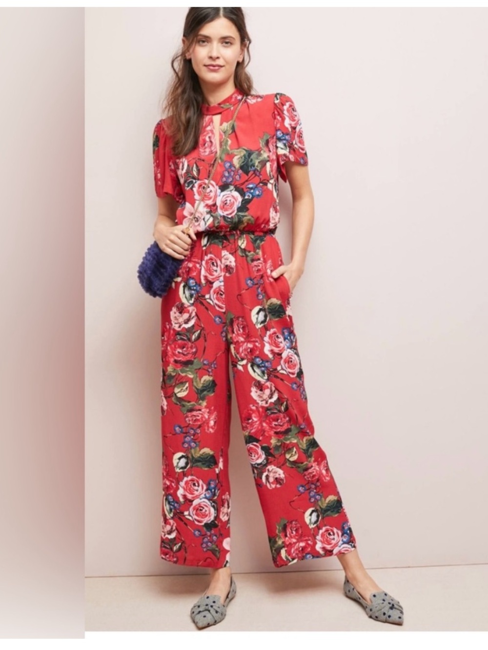 Anthropologie Ett:Twa Karlie Red Floral Jumpsuit Pockets Size XXS NWT